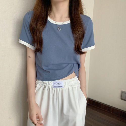 【减龄短袖】夏季打底衫韩版修身短款学生上衣潮撞色圆领短袖t恤女 商品图5