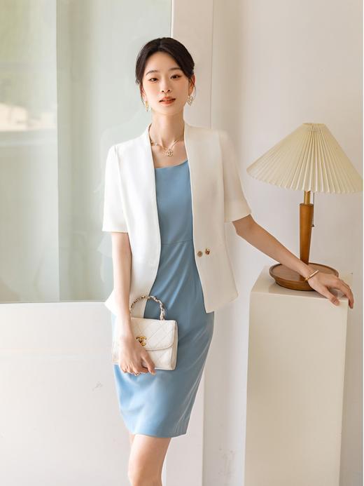 气质通勤职业西装套裙女蓝色无袖连衣裙修身显瘦两件套 商品图1