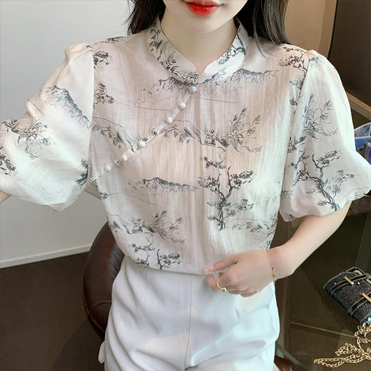 KQL537T6750印花天丝衬衫女2023夏季新款短袖设计感洋气泡泡袖显瘦上衣潮 商品图1