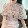 KQL537T6750印花天丝衬衫女2023夏季新款短袖设计感洋气泡泡袖显瘦上衣潮 商品缩略图0