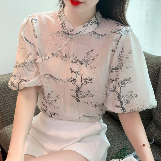 KQL537T6750印花天丝衬衫女2023夏季新款短袖设计感洋气泡泡袖显瘦上衣潮 商品图0