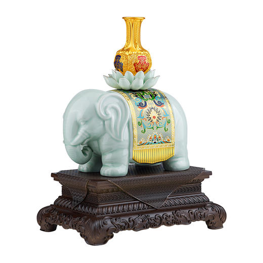 《福佑吉祥》雕刻青瓷  彩绘金鞍 花丝足银金瓶 祝福吉祥平安 双大师监制 工艺品摆件 商品图0