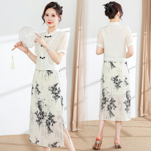 夏季新款，短袖复古印花上衣高腰开衩半身裙组合套装两件套连衣裙QYM-YX-MN6816-Y 商品图2