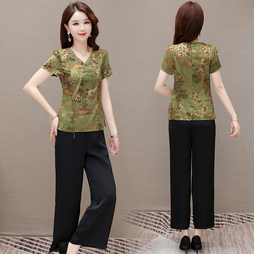 QYM KL23A56-Y两件套裤复古印花衫高腰直筒裤套装 商品图2