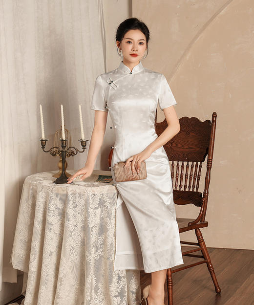 夏季新款三醋酸提花八扣长款日常改良旗袍连衣裙FD-L2307 商品图4