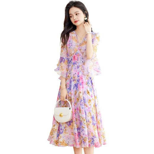 新款韩版，紫色气质小众设计感裙子印花连衣裙HR-QSLG2310-1 商品图6