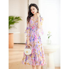 新款韩版，紫色气质小众设计感裙子印花连衣裙HR-QSLG2310-1