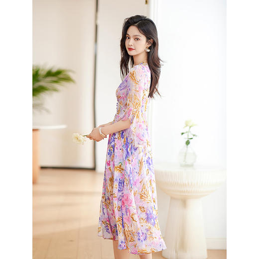 新款韩版，紫色气质小众设计感裙子印花连衣裙HR-QSLG2310-1 商品图1
