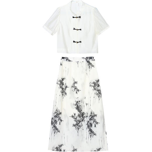 夏季新款，短袖复古印花上衣高腰开衩半身裙组合套装两件套连衣裙QYM-YX-MN6816-Y 商品图4