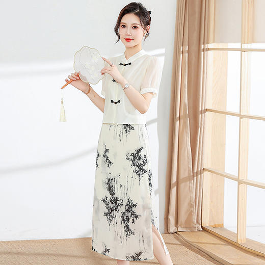 夏季新款，短袖复古印花上衣高腰开衩半身裙组合套装两件套连衣裙QYM-YX-MN6816-Y 商品图1