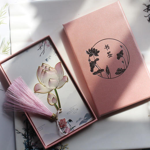 菡萏花开荷花金属黄铜彩色精美创意古典中国风吊坠书签节日礼品 商品图2