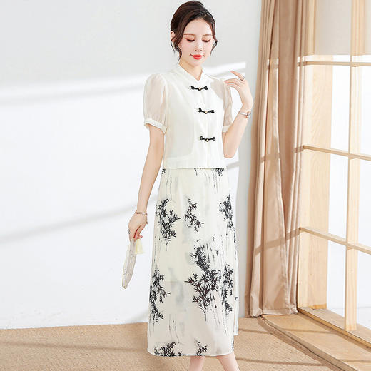 夏季新款，短袖复古印花上衣高腰开衩半身裙组合套装两件套连衣裙QYM-YX-MN6816-Y 商品图5