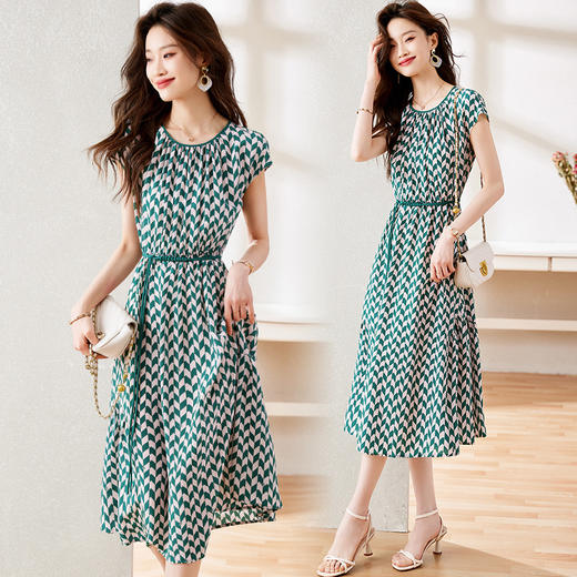 圆领格子腰带时尚，气质减龄中长款连衣裙HR-LXI2186 商品图0