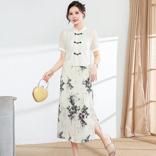 夏季新款，短袖复古印花上衣高腰开衩半身裙组合套装两件套连衣裙QYM-YX-MN6816-Y 商品图0