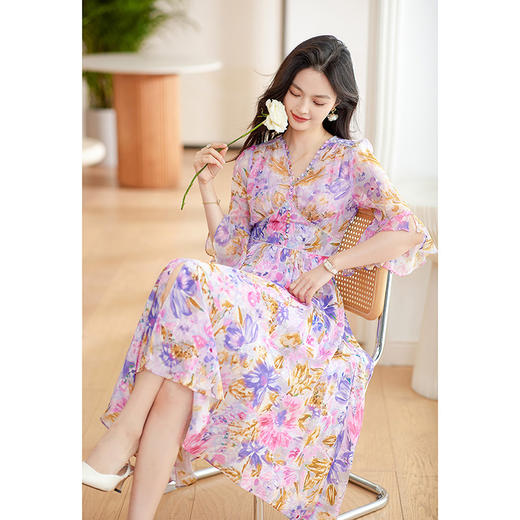 新款韩版，紫色气质小众设计感裙子印花连衣裙HR-QSLG2310-1 商品图5