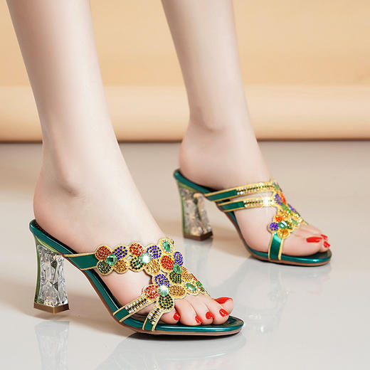 气质百搭，时尚水钻高跟凉拖女鞋外穿一字拖LXHX-9599 商品图0