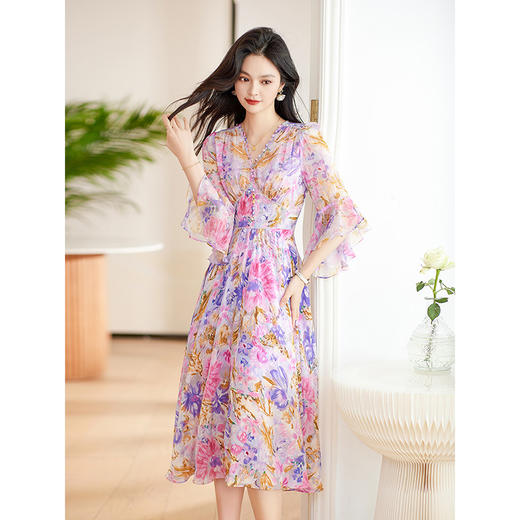 新款韩版，紫色气质小众设计感裙子印花连衣裙HR-QSLG2310-1 商品图2