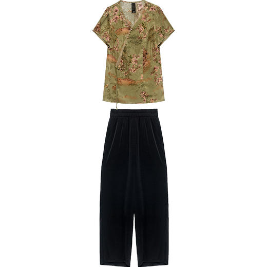 QYM KL23A56-Y两件套裤复古印花衫高腰直筒裤套装 商品图4