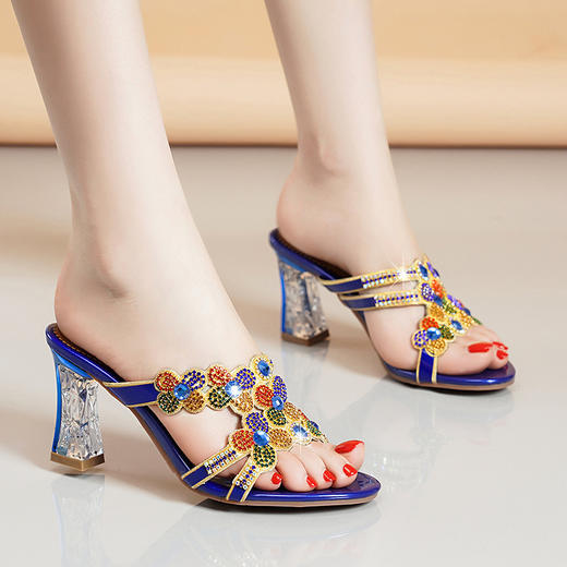 气质百搭，时尚水钻高跟凉拖女鞋外穿一字拖LXHX-9599 商品图2