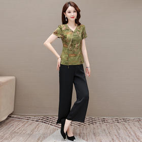 QYM KL23A56-Y两件套裤复古印花衫高腰直筒裤套装