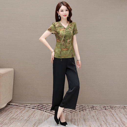 QYM KL23A56-Y两件套裤复古印花衫高腰直筒裤套装 商品图0