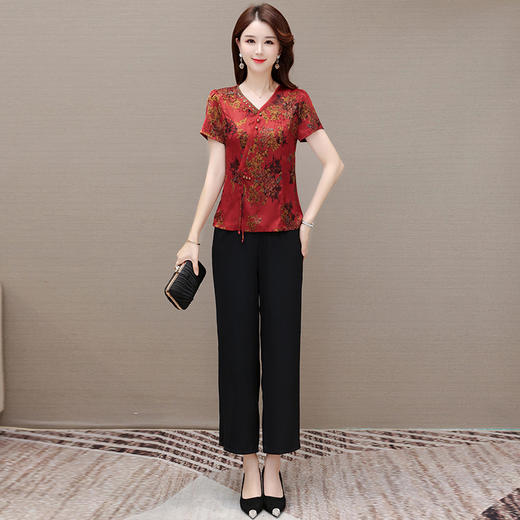 QYM KL23A56-Y两件套裤复古印花衫高腰直筒裤套装 商品图1