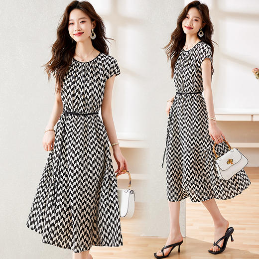 圆领格子腰带时尚，气质减龄中长款连衣裙HR-LXI2186 商品图2