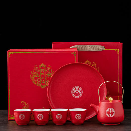 【中式婚庆】中国红陶瓷茶具婚宴喜庆双喜一壶四杯高档套装含茶盘礼盒父亲节节日送礼优选 商品图4