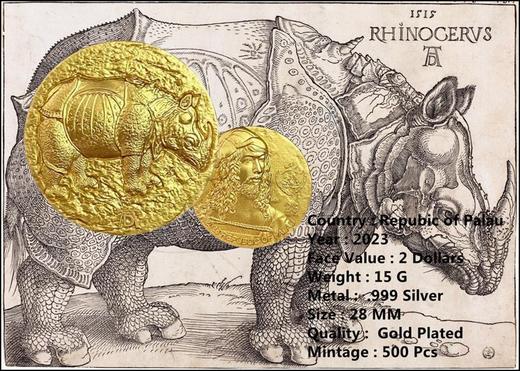 【预定】素描之神丢勒代表作《犀牛》镀金银币 商品图0