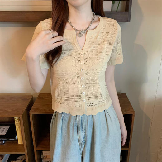 【减龄显瘦！】白色短袖冰丝针织开衫女夏季薄款法式温柔V领短款t恤上衣 商品图5