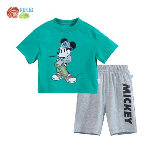 贝贝怡迪士尼联名款男童米奇印花套头套装男孩休闲T恤短裤二件套 商品图6