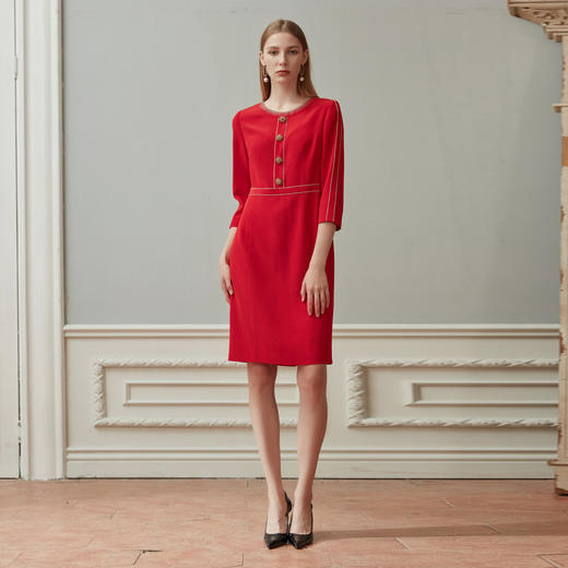 QE84B瑟俪秋季圆领钻链气质宴会礼服款中长连衣裙 商品图3