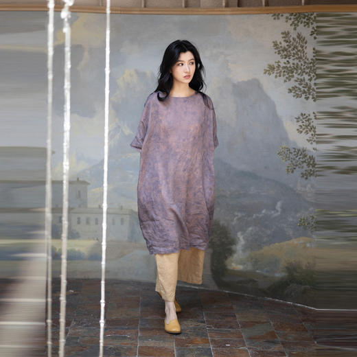 绽放414【甜茶系列·紫薯芋泥】100%苎麻脏染宽松茧型气质连衣裙 商品图0