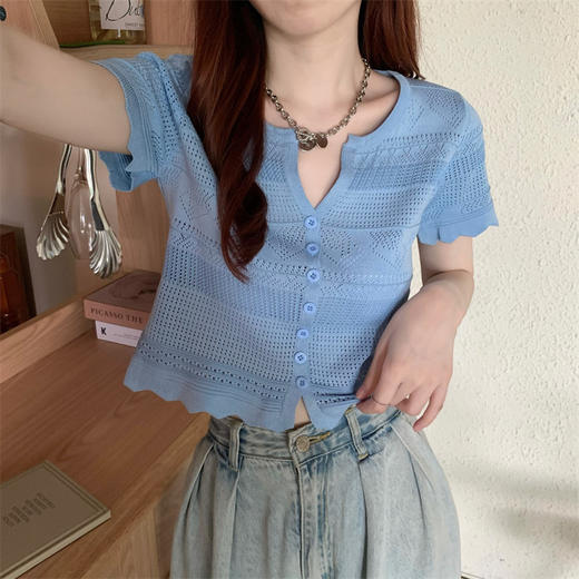 【减龄显瘦！】白色短袖冰丝针织开衫女夏季薄款法式温柔V领短款t恤上衣 商品图4