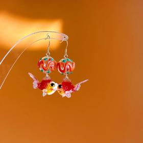 可爱金鱼花火新年红色小鱼耳环中国风国潮锦鲤耳夹耳饰女