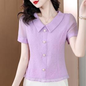 DD-新款短袖雪纺衫女韩版娃娃领薄款小衫漂亮洋气质衬衫上衣