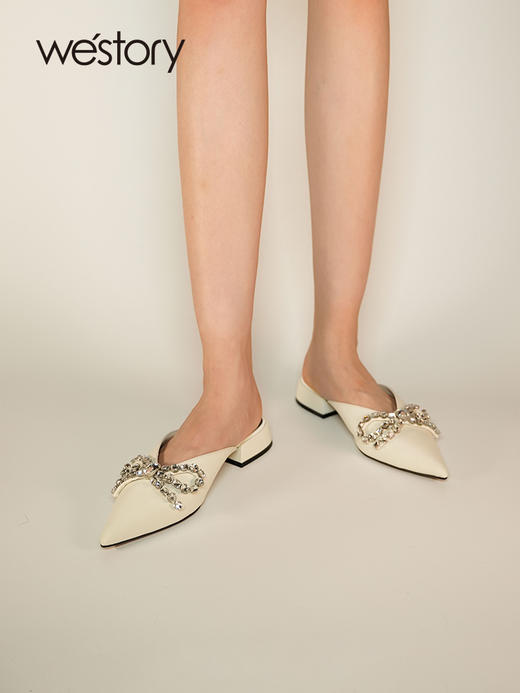 westory2023夏季新款蝴蝶结水钻细跟包头拖法式厚底拖鞋女56101 商品图1
