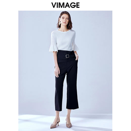 VIMAGE纬漫纪通勤显瘦显高职业百搭高腰微喇九分女裤V1305903 商品图1