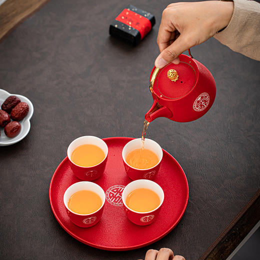 【中式婚庆】中国红陶瓷茶具婚宴喜庆双喜一壶四杯高档套装含茶盘礼盒父亲节节日送礼优选 商品图1