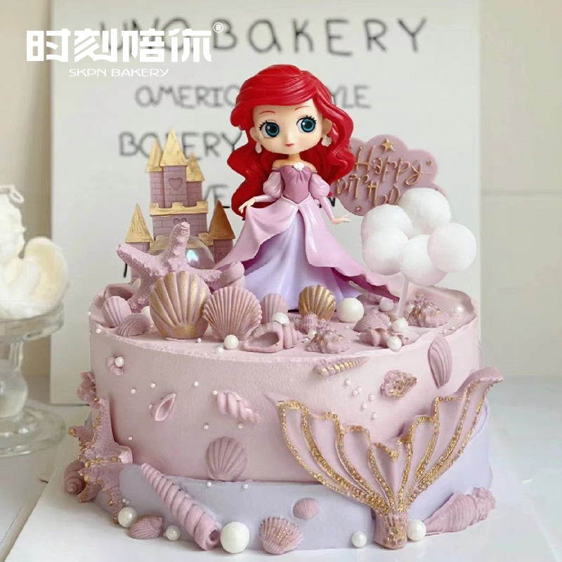 粉色人鱼公主城堡动物奶油儿童生日蛋糕