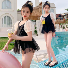 【运动户外】夏季新款洋气时髦中大童连体泡泡袖泳衣