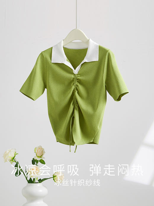 【专属特价】熙世界撞色POLO领针织衫女短袖2025年夏季设计感抽绳翻领冰丝上衣 商品图4