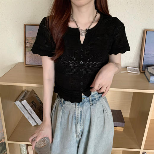 【减龄显瘦！】白色短袖冰丝针织开衫女夏季薄款法式温柔V领短款t恤上衣 商品图1