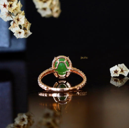 18K玫瑰金和田玉（碧玉）满钻蛋面戒指--春融 /切割蛋面7*9mm/苹果绿 商品图2