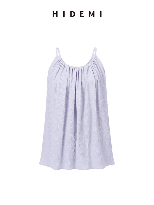 HIDEMI度假系列褶皱肌理感微灯笼式吊带套装 奶油白/奶油紫 背心/半裙 商品图1