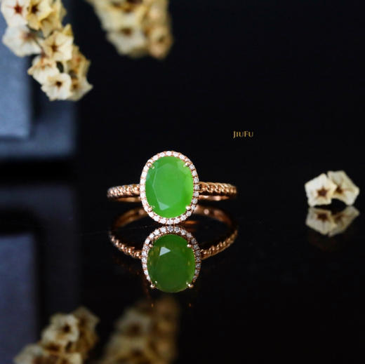 18K玫瑰金和田玉（碧玉）满钻蛋面戒指--春融 /切割蛋面7*9mm/苹果绿 商品图0