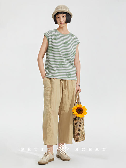 PETIT SCHAN小闪 CLO#284  Painting 绘色 棉混纺清新灰绿条纹波点圆领宽松无袖背心 商品图3