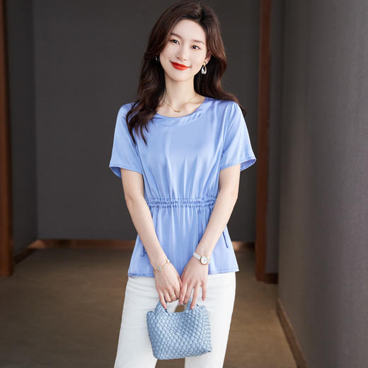 收腰显瘦，短袖t恤女新款雪纺衫遮肚子上衣系带洋气减龄小衫CC-JA5001 商品图1