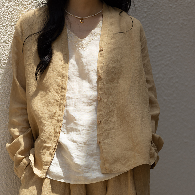 绽放409朵【甜茶系列·黄茶】薄款舒适防晒亚麻衬衫