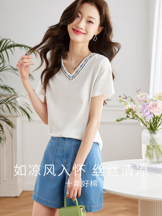 【专属特价】熙世界2025夏季新款设计感复古刺绣V领T恤女短袖时尚宽松显瘦上衣 商品图1